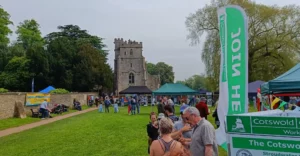 View of Church in the background and festival stalls in the foreground