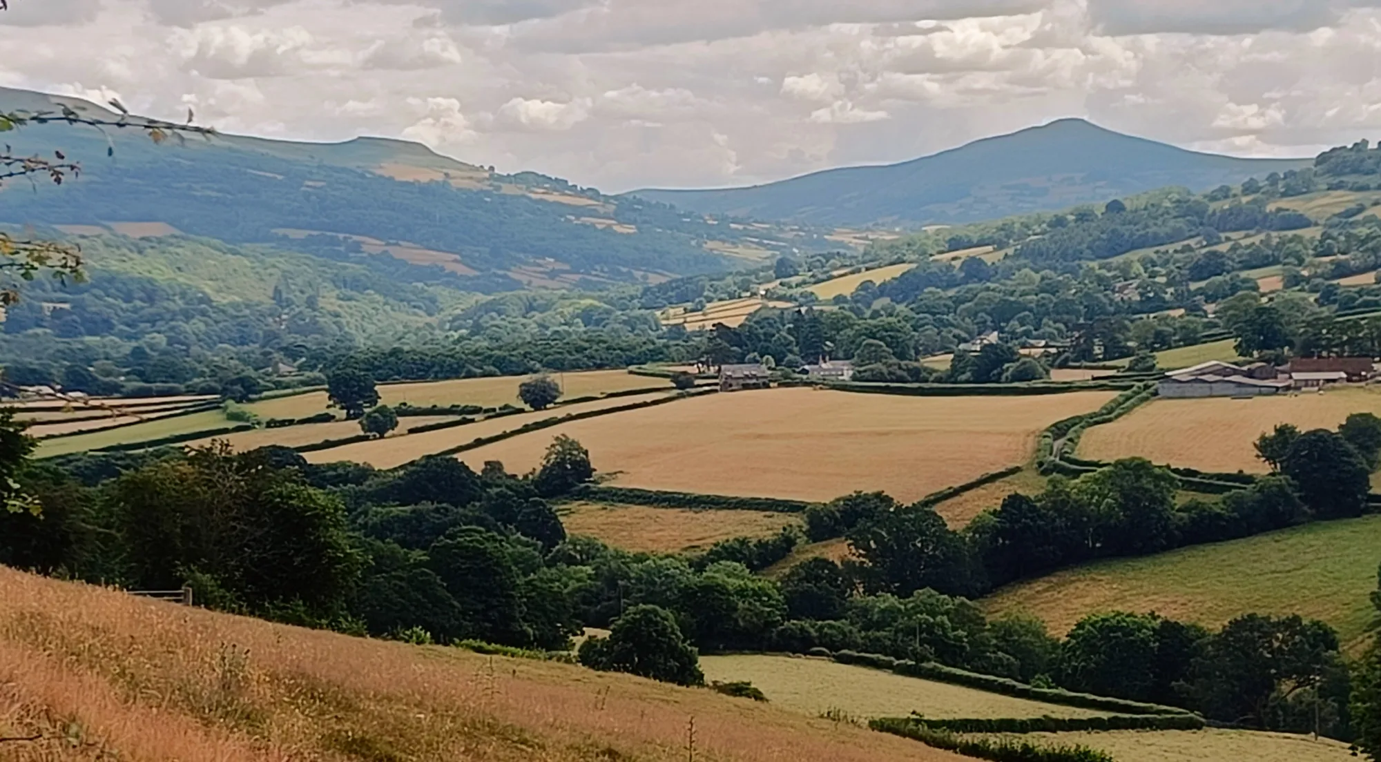 Two mountains in distance, table top one on the left, pointed one on right. Valley of fields in the foreground