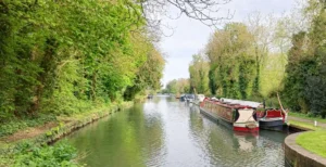 A restored section of canal with canal boats and tow path to the left