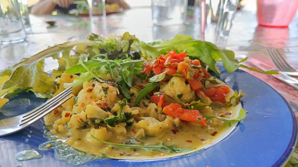 A plate with cauliflower curry, rice and salad