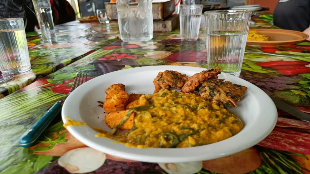 A plate of curry, roast potatoes and pakora