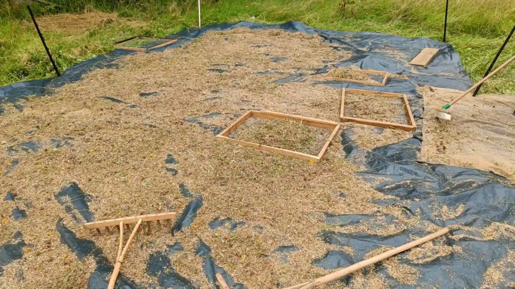 Tarpaulin in a field covered with seeds and equipment on top