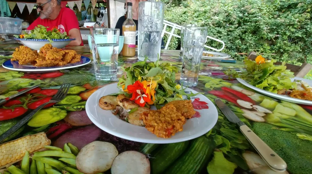 Potatoes, salad and fritters on a plate with a glass of water in background