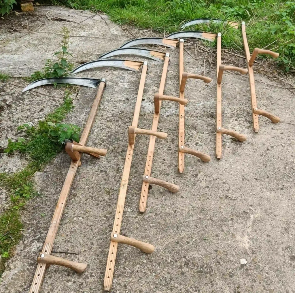 A row of five austrian scythes on the ground, stacked diagonally