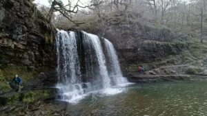 Very tall waterfall crashing into a still green pool