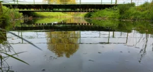 Looking along a river from water level underneath an agricultural bridge