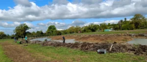 A large pond with people standing on the bank planting