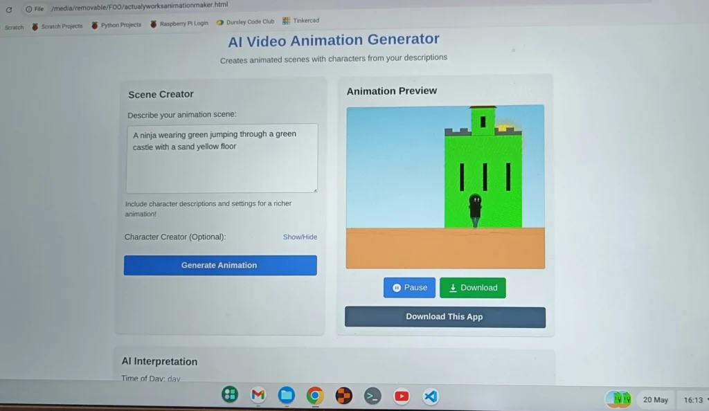 A laptop screen with a Video Animation AI app on it