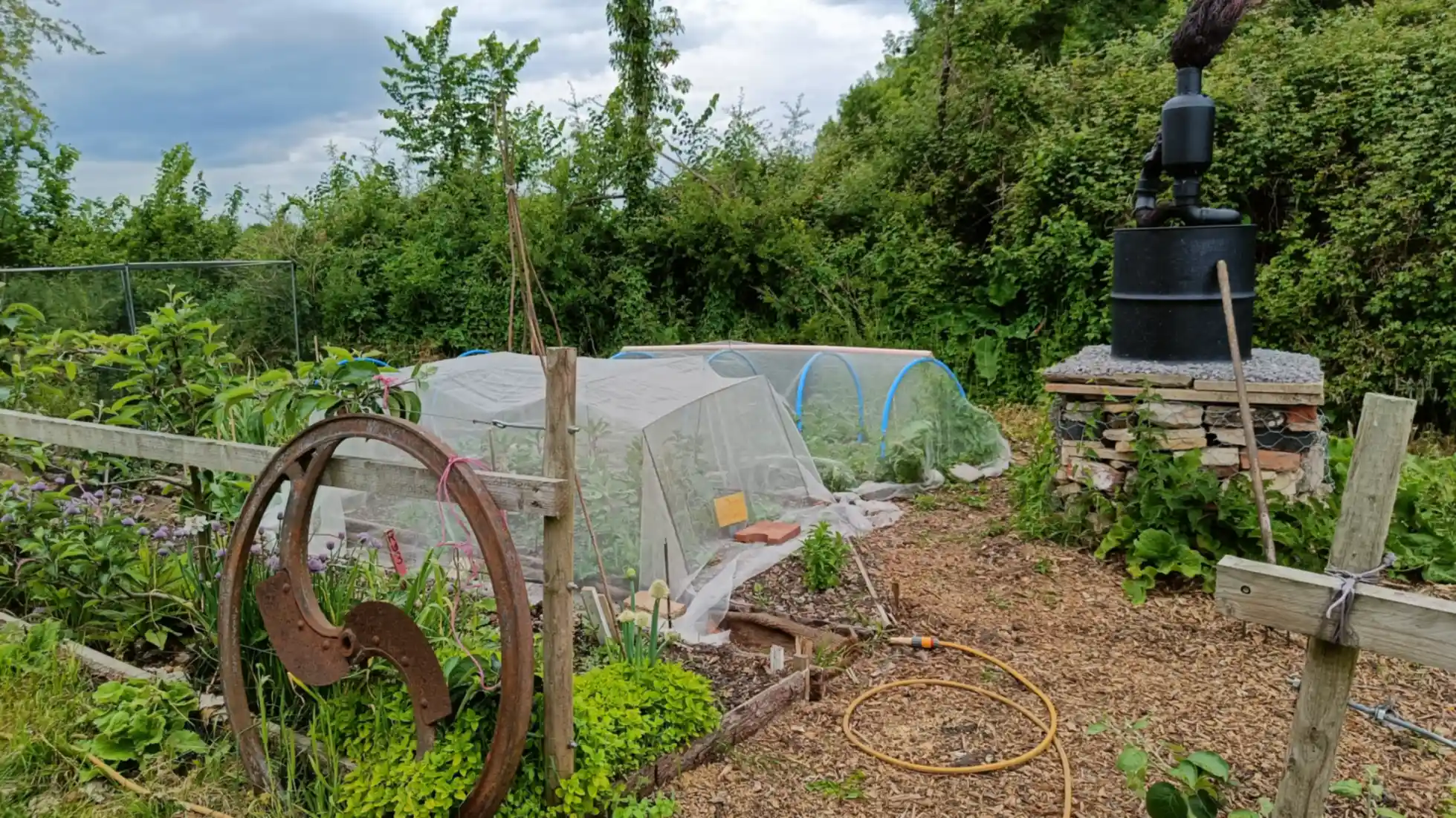 A vegetable garden with sculptures and netting over the vegetables