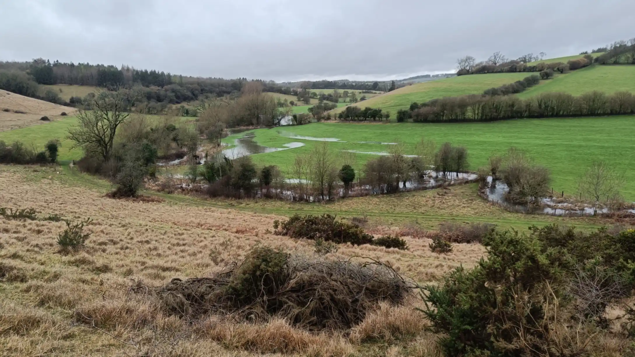 A vast vista of rolling hills and a river winding through the valley floor flooding the surrounding fields